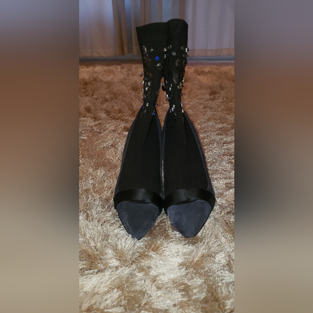 Black Embroidered Sock Heeled Boots